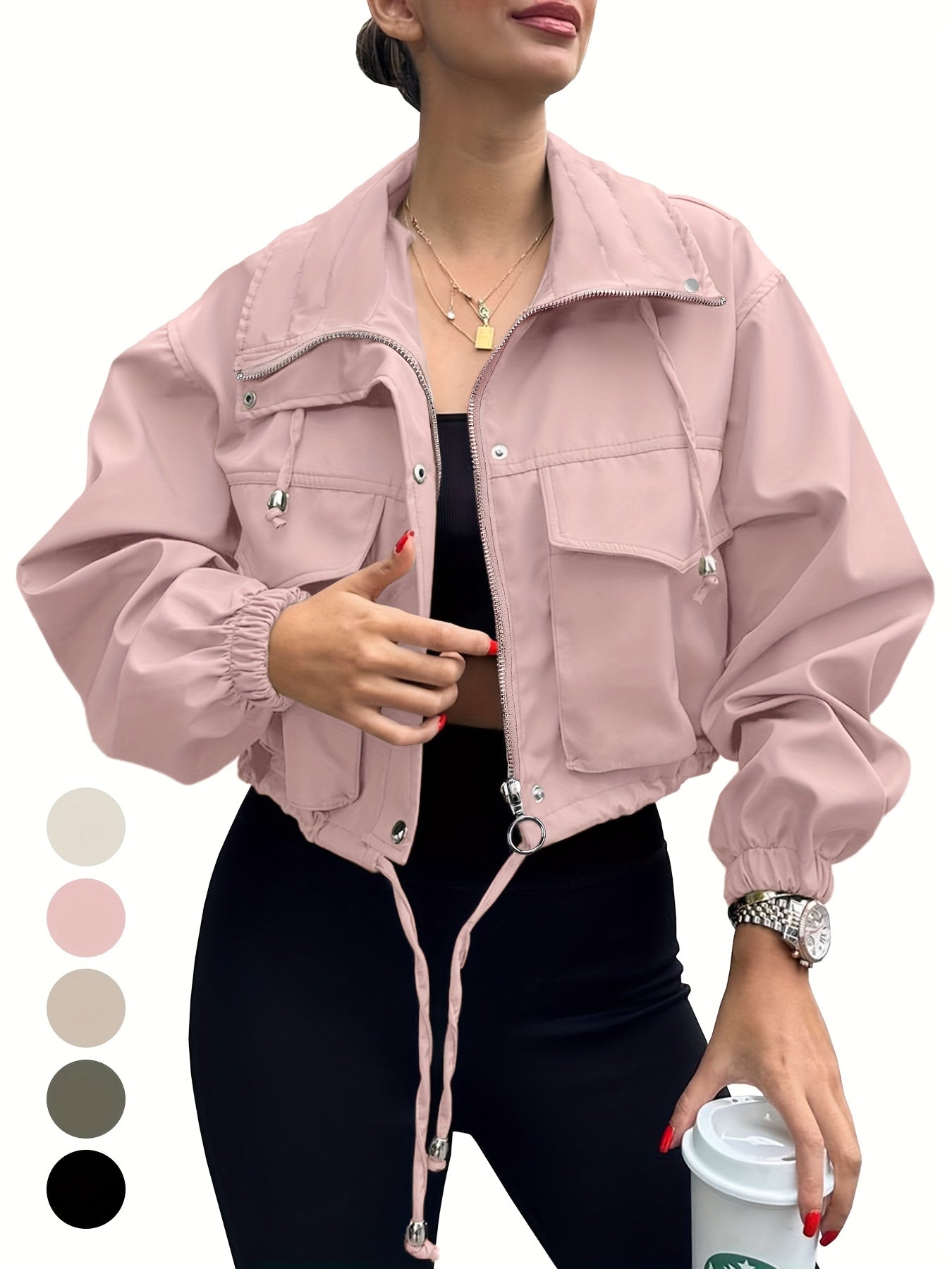 Women's Lightweight Cropped Jacket - Zip-Up Anorak Coat with Zippered Pockets, Structured Non-Stretch Fabric, Casual Outerwear for Everyday & Formal Events - Easy Care Machine Washable, Snap Button Closure, Spring Fashion, Ov