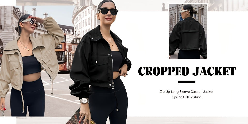 Women's Lightweight Cropped Jacket - Zip-Up Anorak Coat with Zippered Pockets, Structured Non-Stretch Fabric, Casual Outerwear for Everyday & Formal Events - Easy Care Machine Washable, Snap Button Closure, Spring Fashion, Ov
