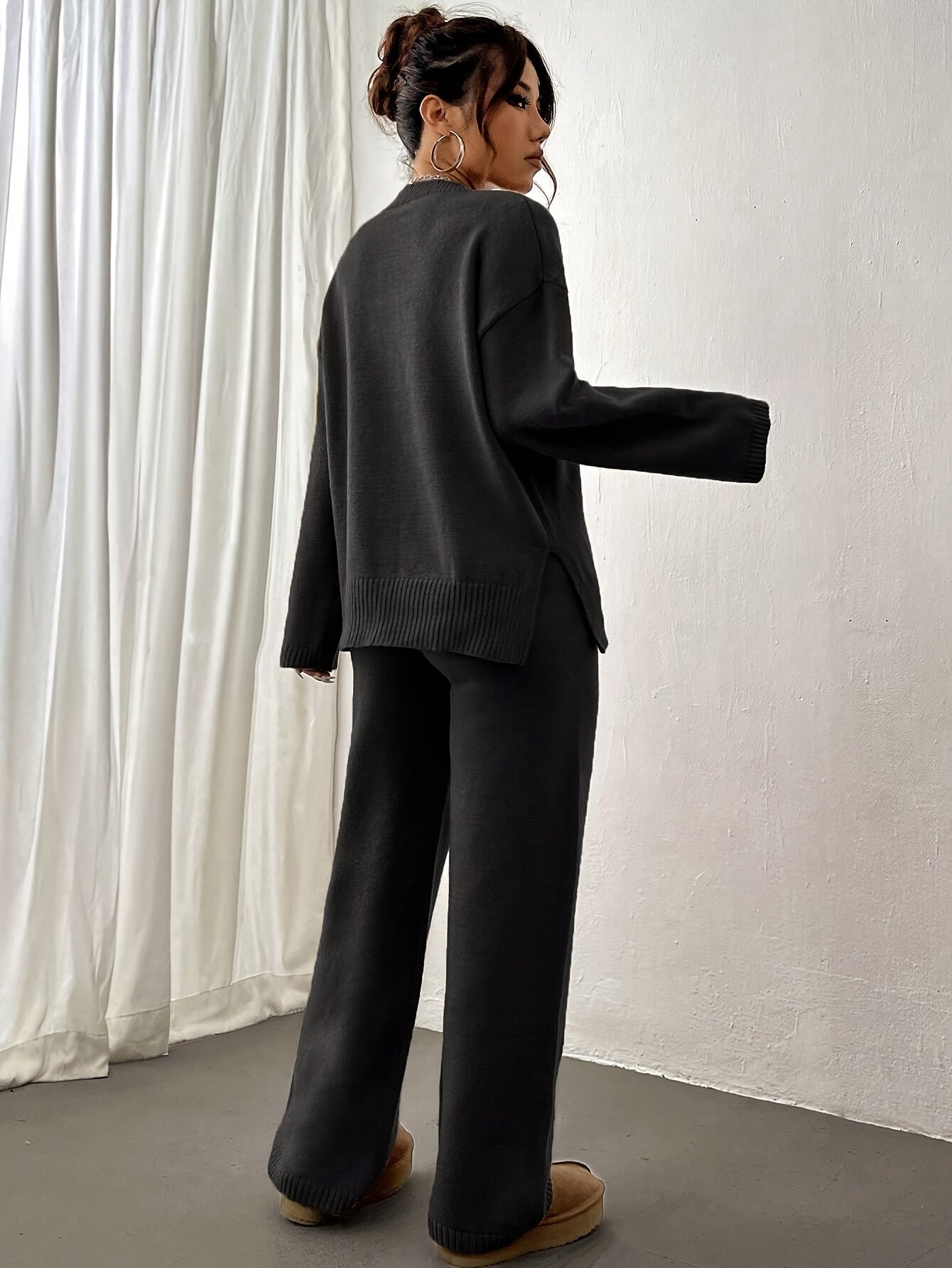 Solid Ribbed Casual Knitted Pantsuits, Crew Neck Drop Shoulder Long Sleeve Sweater & Straight Leg Pants Outfits, Women's Clothing