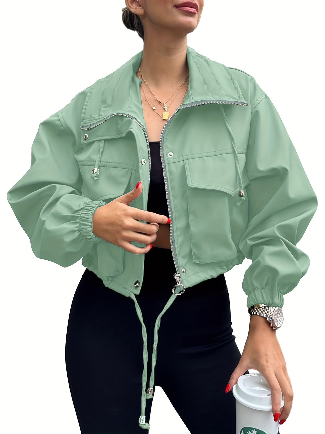 Women's Lightweight Cropped Jacket - Zip-Up Anorak Coat with Zippered Pockets, Structured Non-Stretch Fabric, Casual Outerwear for Everyday & Formal Events - Easy Care Machine Washable, Snap Button Closure, Spring Fashion, Ov