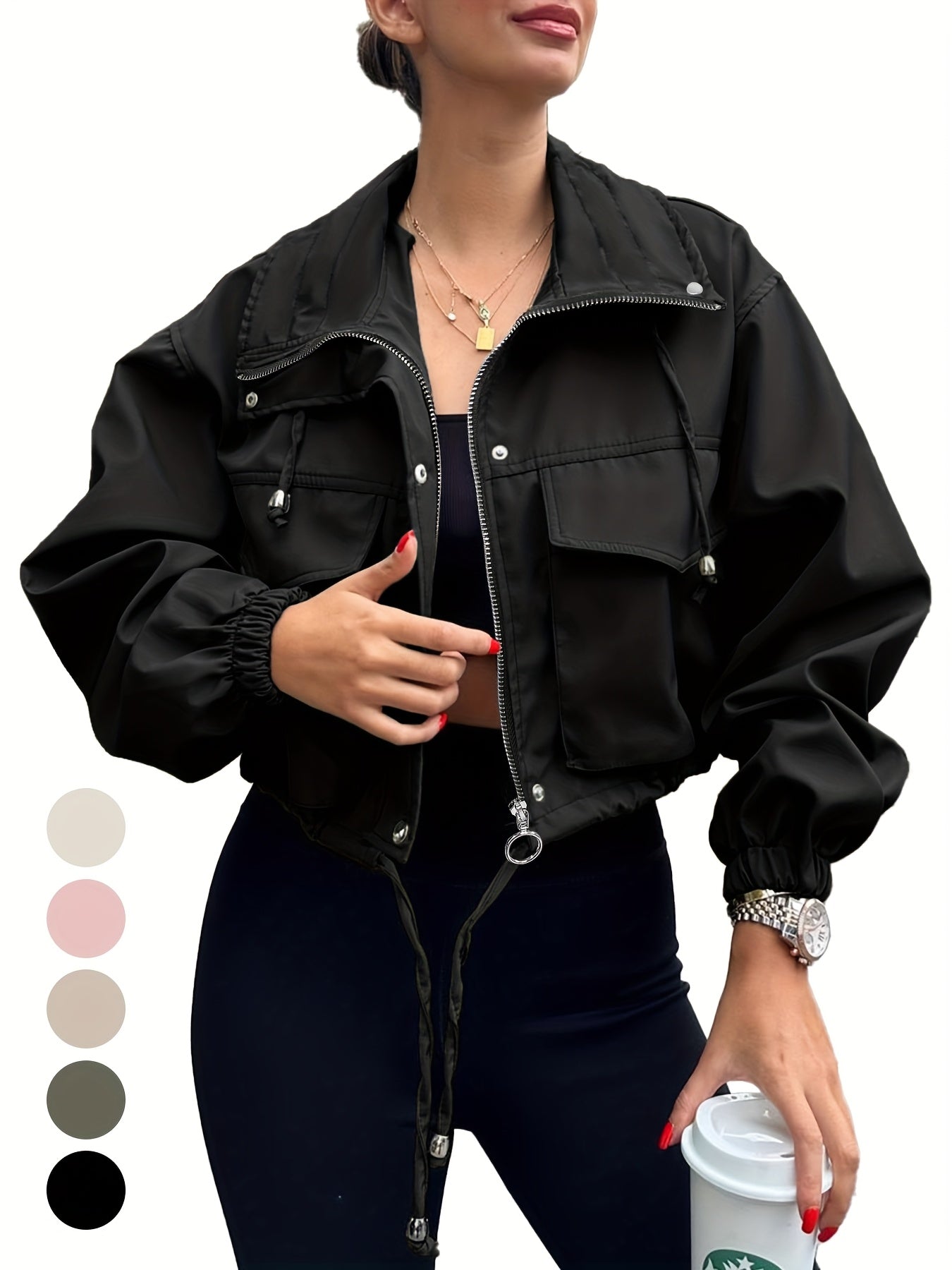 Women's Lightweight Cropped Jacket - Zip-Up Anorak Coat with Zippered Pockets, Structured Non-Stretch Fabric, Casual Outerwear for Everyday & Formal Events - Easy Care Machine Washable, Snap Button Closure, Spring Fashion, Ov