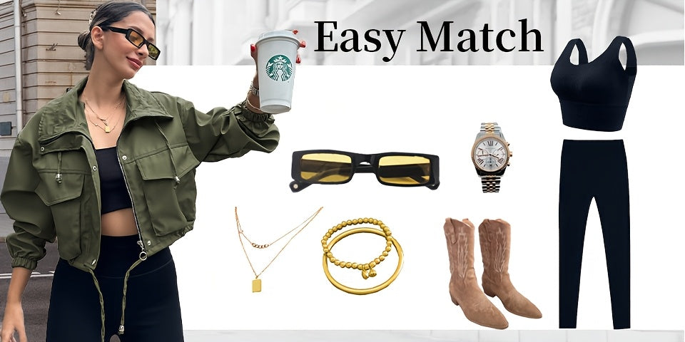 Women's Lightweight Cropped Jacket - Zip-Up Anorak Coat with Zippered Pockets, Structured Non-Stretch Fabric, Casual Outerwear for Everyday & Formal Events - Easy Care Machine Washable, Snap Button Closure, Spring Fashion, Ov