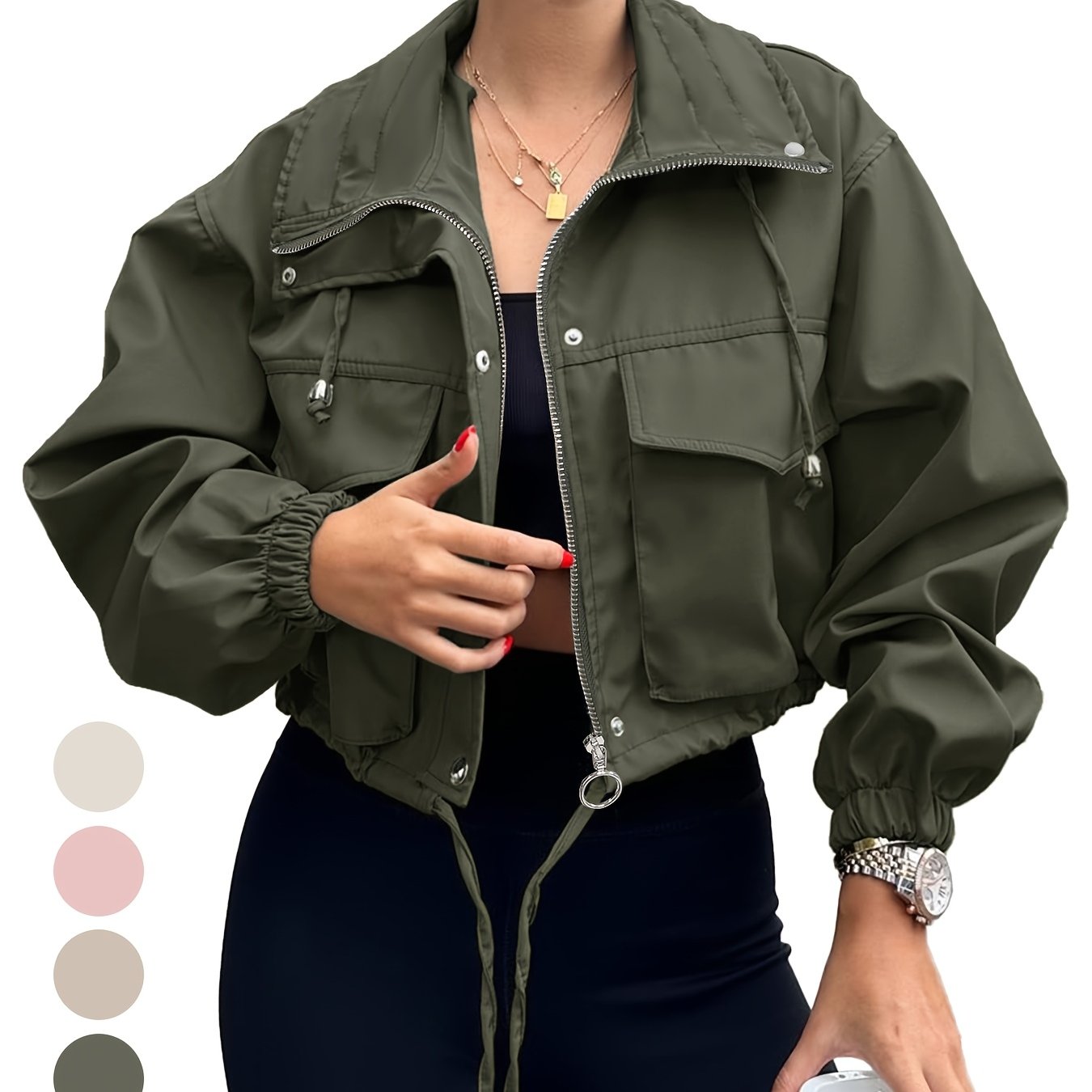 Women's Lightweight Cropped Jacket - Zip-Up Anorak Coat with Zippered Pockets, Structured Non-Stretch Fabric, Casual Outerwear for Everyday & Formal Events - Easy Care Machine Washable, Snap Button Closure, Spring Fashion, Ov