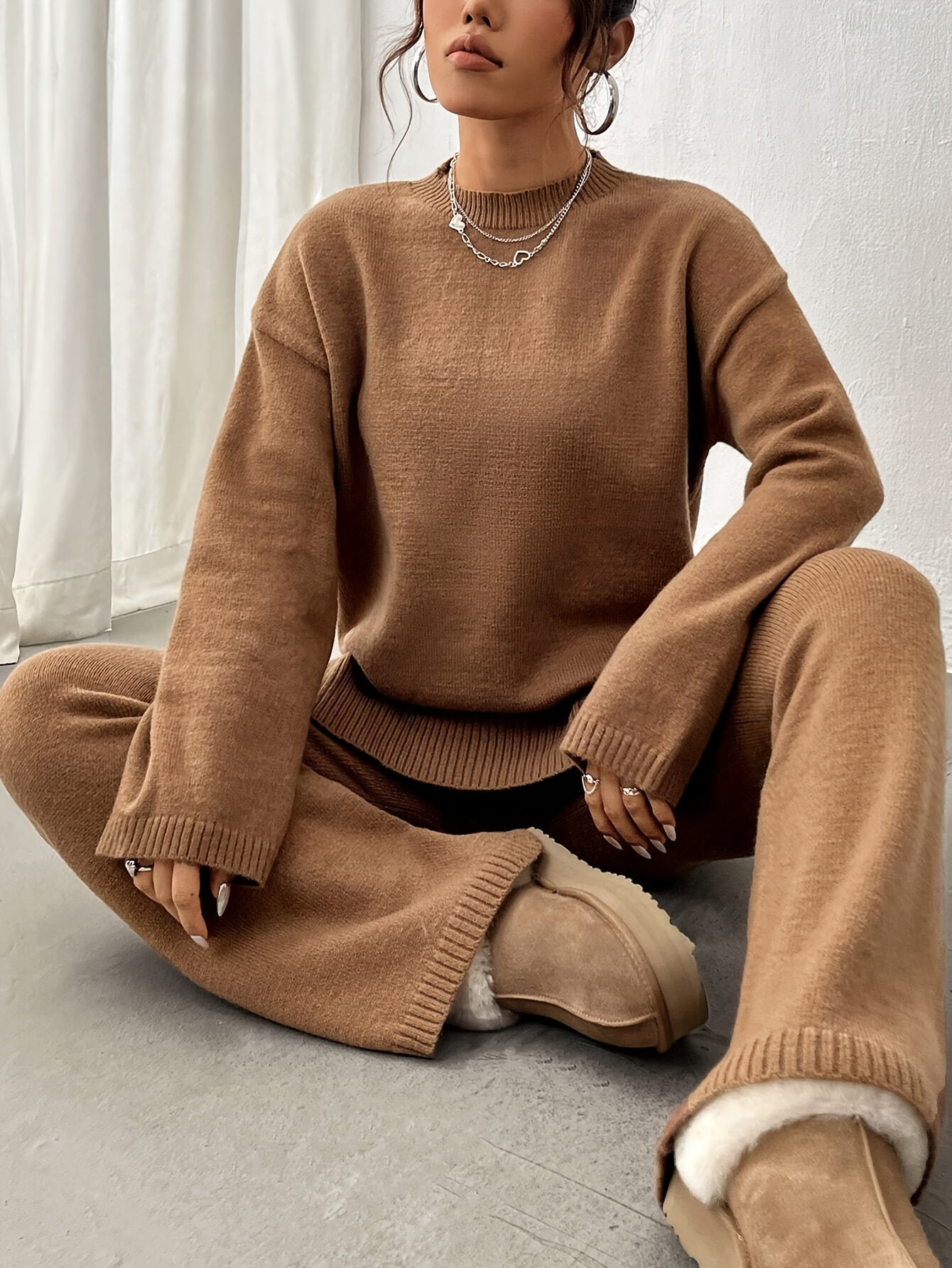 Solid Ribbed Casual Knitted Pantsuits, Crew Neck Drop Shoulder Long Sleeve Sweater & Straight Leg Pants Outfits, Women's Clothing