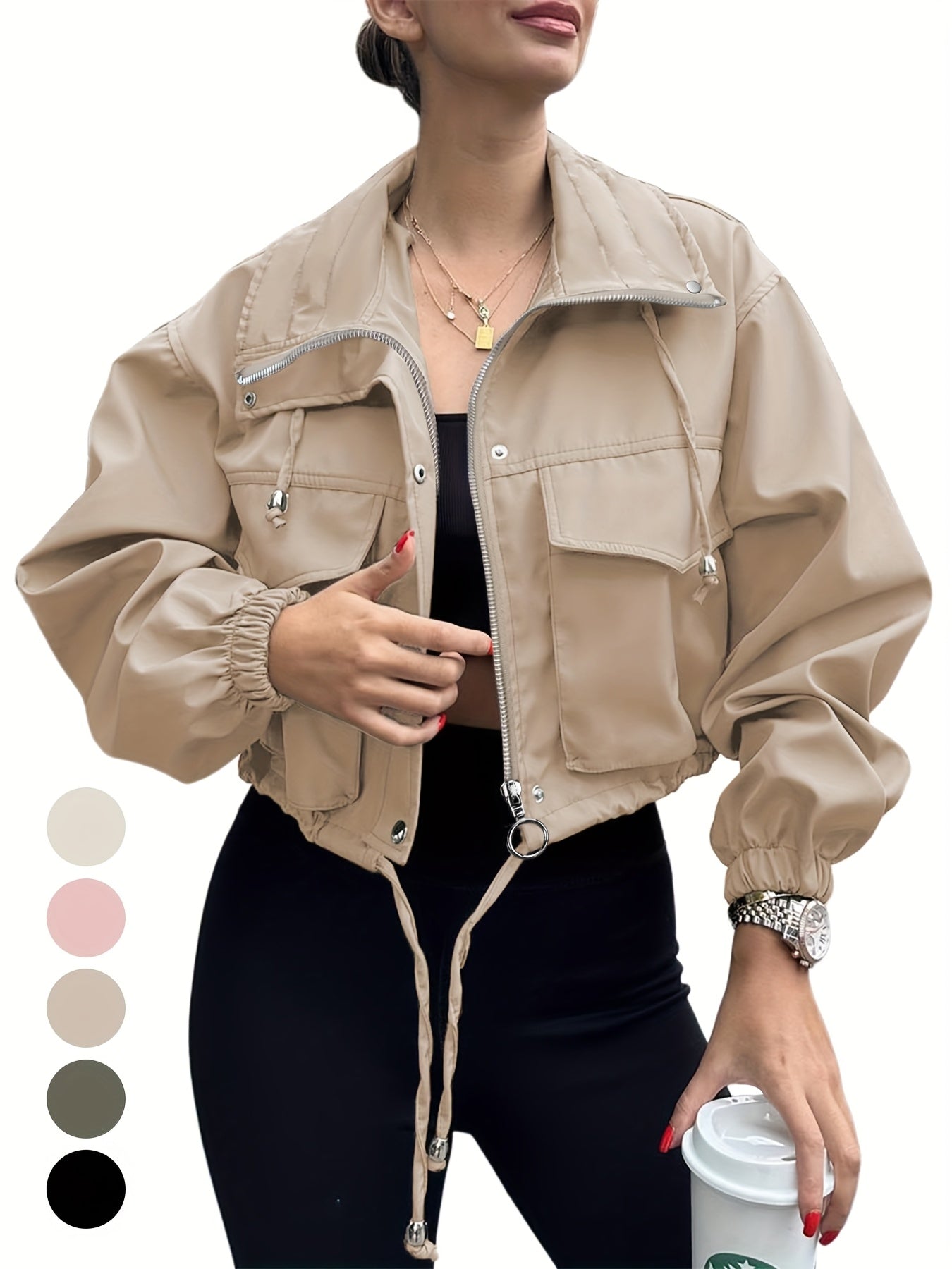 Women's Lightweight Cropped Jacket - Zip-Up Anorak Coat with Zippered Pockets, Structured Non-Stretch Fabric, Casual Outerwear for Everyday & Formal Events - Easy Care Machine Washable, Snap Button Closure, Spring Fashion, Ov