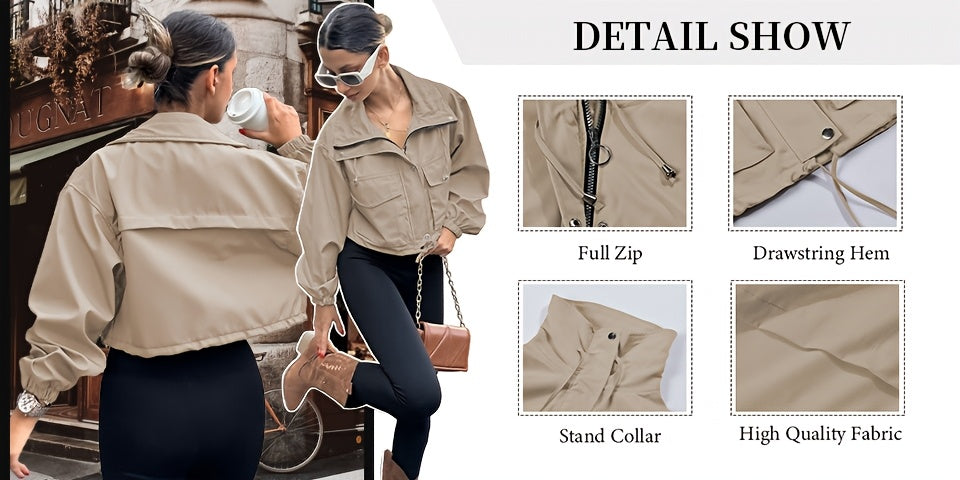 Women's Lightweight Cropped Jacket - Zip-Up Anorak Coat with Zippered Pockets, Structured Non-Stretch Fabric, Casual Outerwear for Everyday & Formal Events - Easy Care Machine Washable, Snap Button Closure, Spring Fashion, Ov