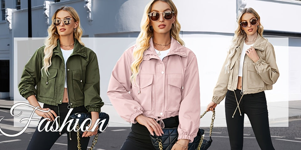 Women's Lightweight Cropped Jacket - Zip-Up Anorak Coat with Zippered Pockets, Structured Non-Stretch Fabric, Casual Outerwear for Everyday & Formal Events - Easy Care Machine Washable, Snap Button Closure, Spring Fashion, Ov