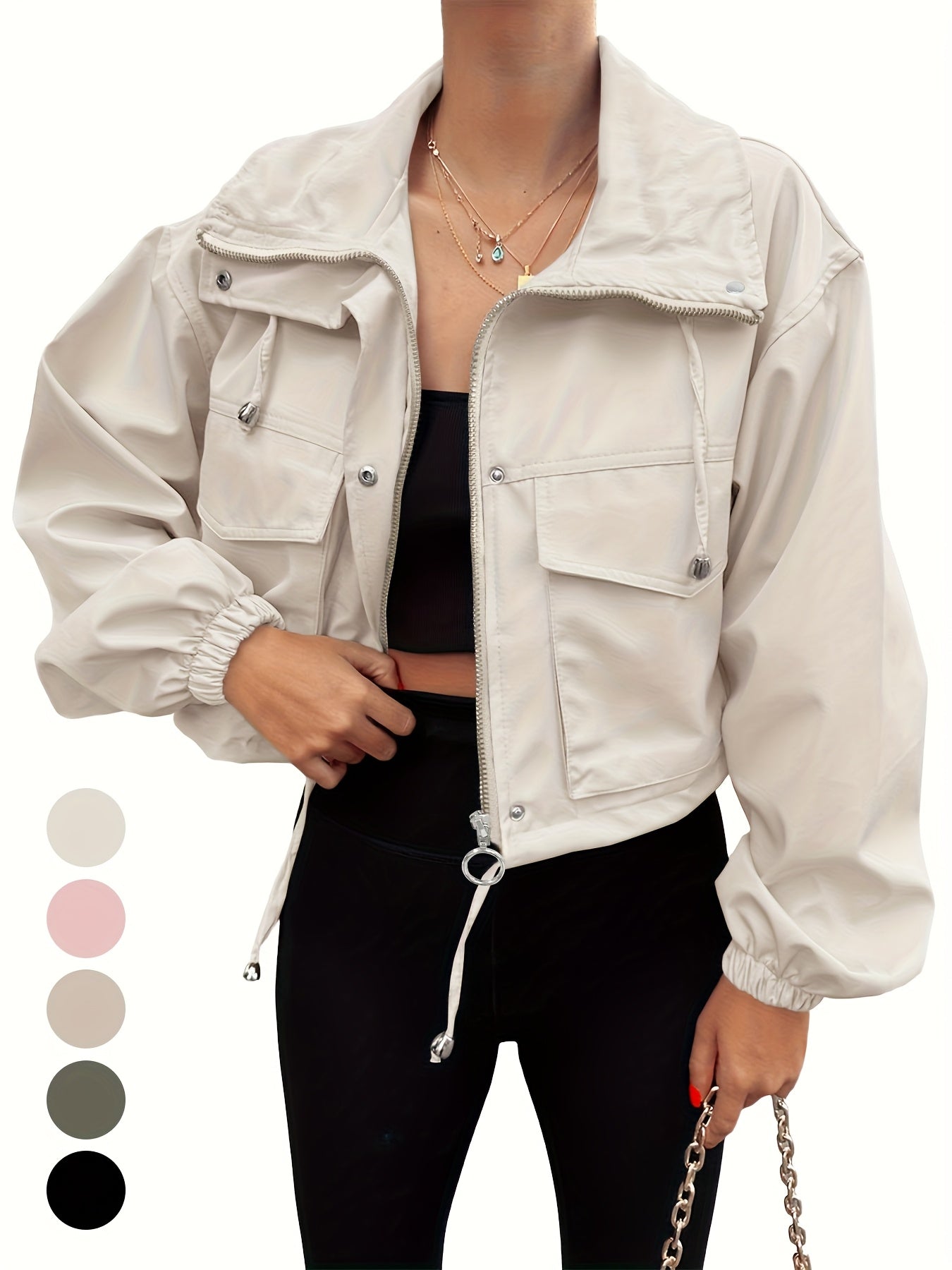 Women's Lightweight Cropped Jacket - Zip-Up Anorak Coat with Zippered Pockets, Structured Non-Stretch Fabric, Casual Outerwear for Everyday & Formal Events - Easy Care Machine Washable, Snap Button Closure, Spring Fashion, Ov
