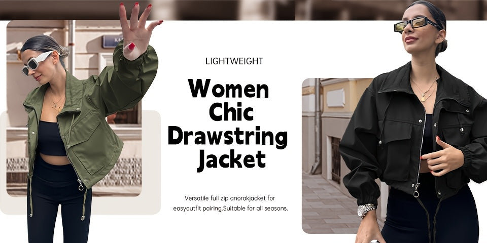 Women's Lightweight Cropped Jacket - Zip-Up Anorak Coat with Zippered Pockets, Structured Non-Stretch Fabric, Casual Outerwear for Everyday & Formal Events - Easy Care Machine Washable, Snap Button Closure, Spring Fashion, Ov