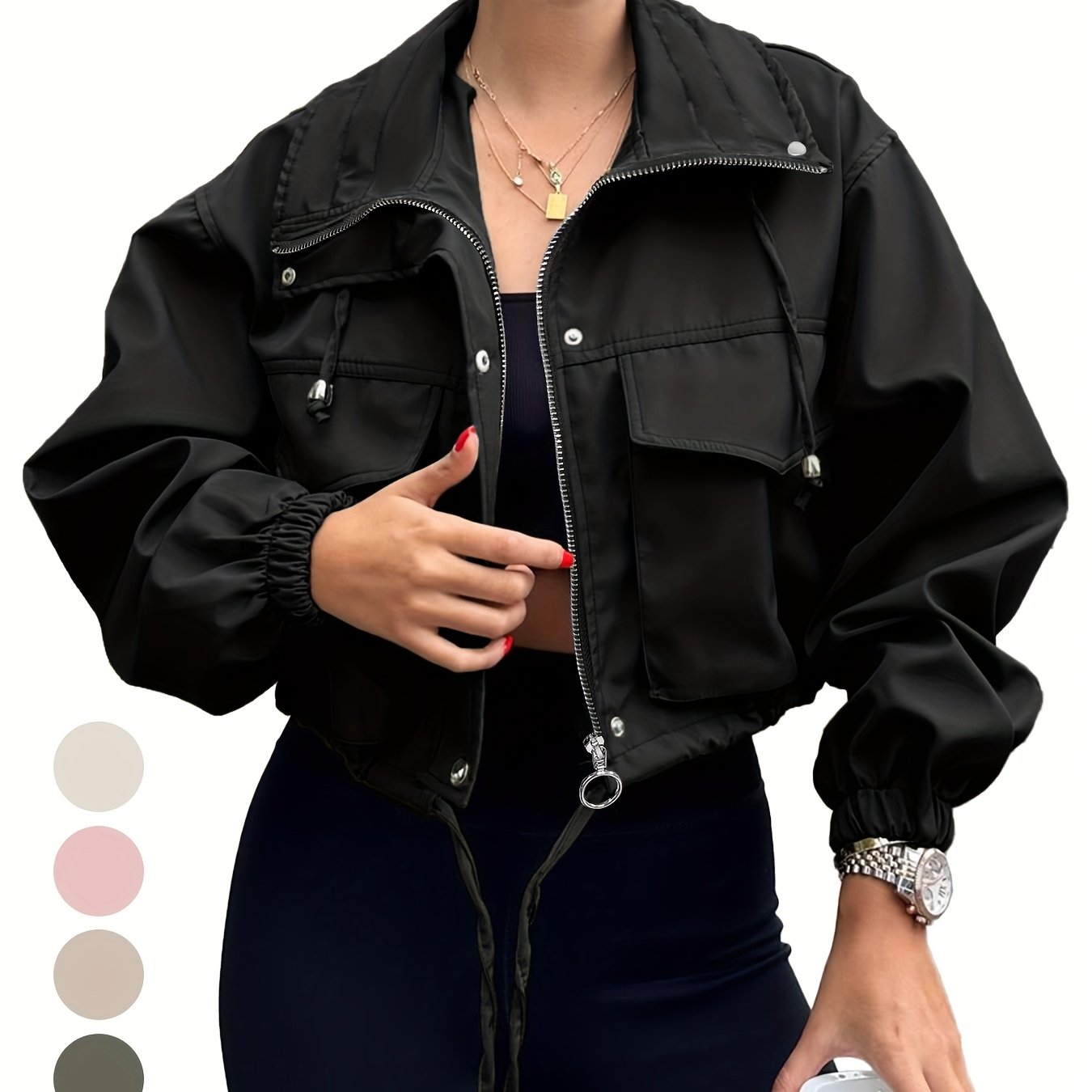 Women's Lightweight Cropped Jacket - Zip-Up Anorak Coat with Zippered Pockets, Structured Non-Stretch Fabric, Casual Outerwear for Everyday & Formal Events - Easy Care Machine Washable, Snap Button Closure, Spring Fashion, Ov