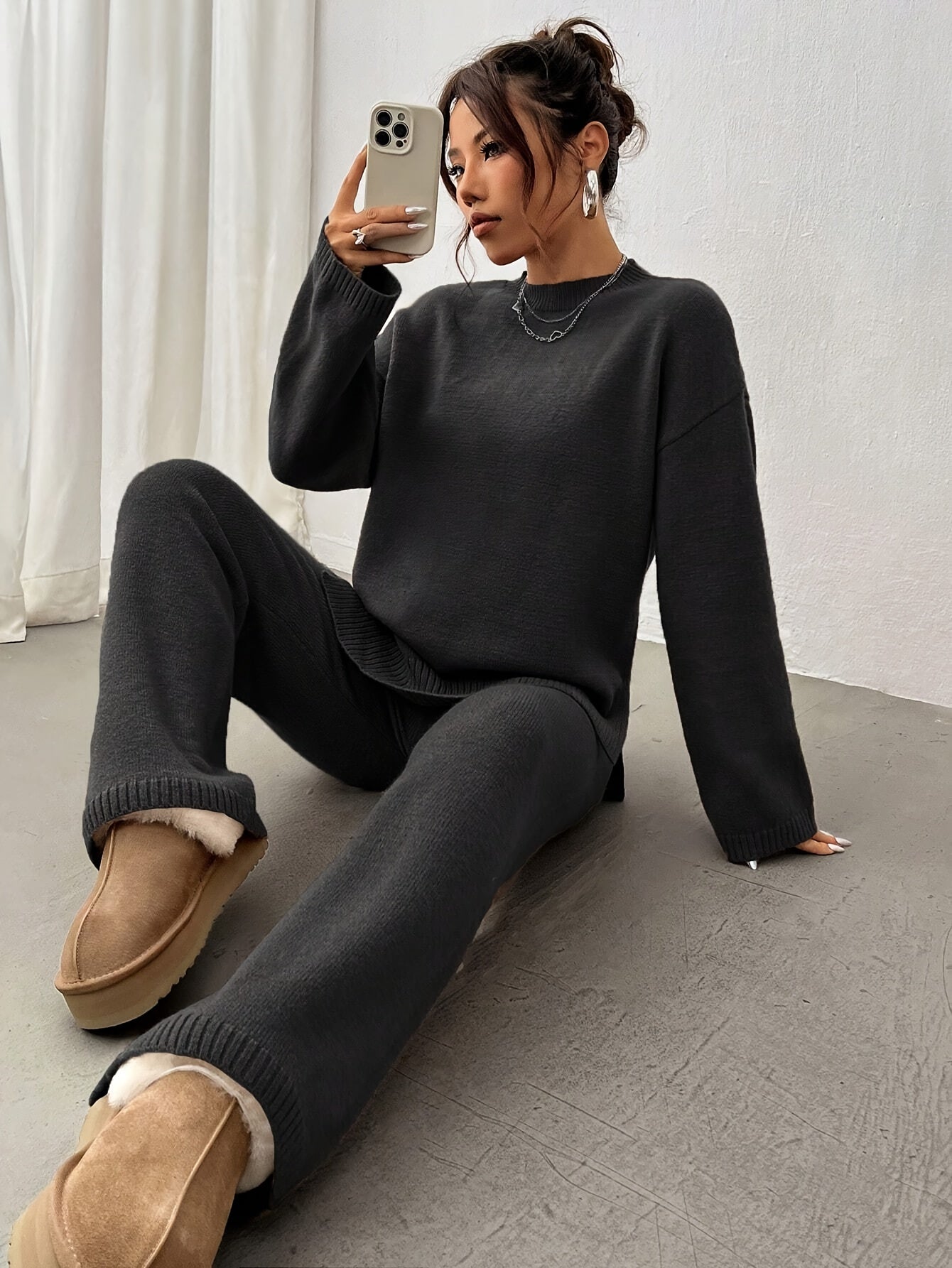 Solid Ribbed Casual Knitted Pantsuits, Crew Neck Drop Shoulder Long Sleeve Sweater & Straight Leg Pants Outfits, Women's Clothing