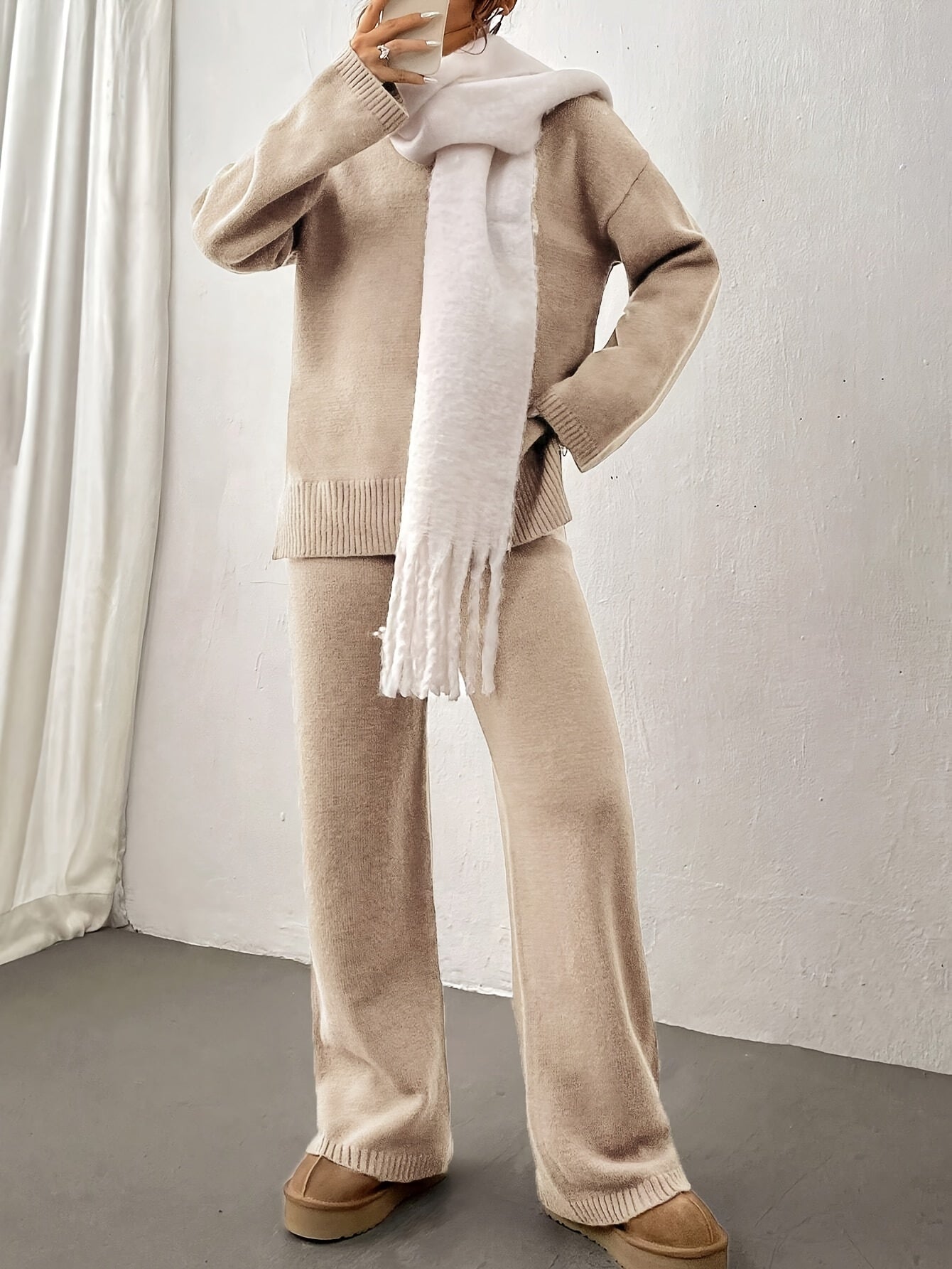 Solid Ribbed Casual Knitted Pantsuits, Crew Neck Drop Shoulder Long Sleeve Sweater & Straight Leg Pants Outfits, Women's Clothing