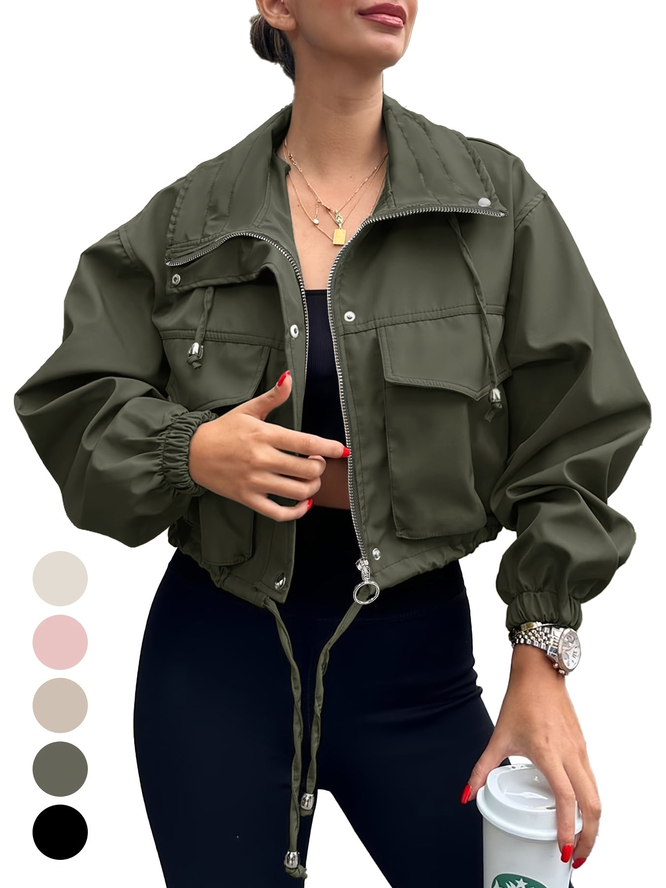 Women's Lightweight Cropped Jacket - Zip-Up Anorak Coat with Zippered Pockets, Structured Non-Stretch Fabric, Casual Outerwear for Everyday & Formal Events - Easy Care Machine Washable, Snap Button Closure, Spring Fashion, Ov
