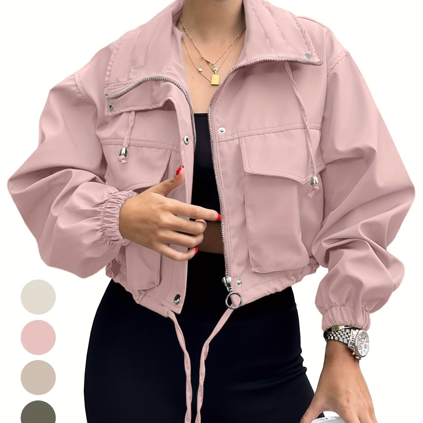 Women's Lightweight Cropped Jacket - Zip-Up Anorak Coat with Zippered Pockets, Structured Non-Stretch Fabric, Casual Outerwear for Everyday & Formal Events - Easy Care Machine Washable, Snap Button Closure, Spring Fashion, Ov