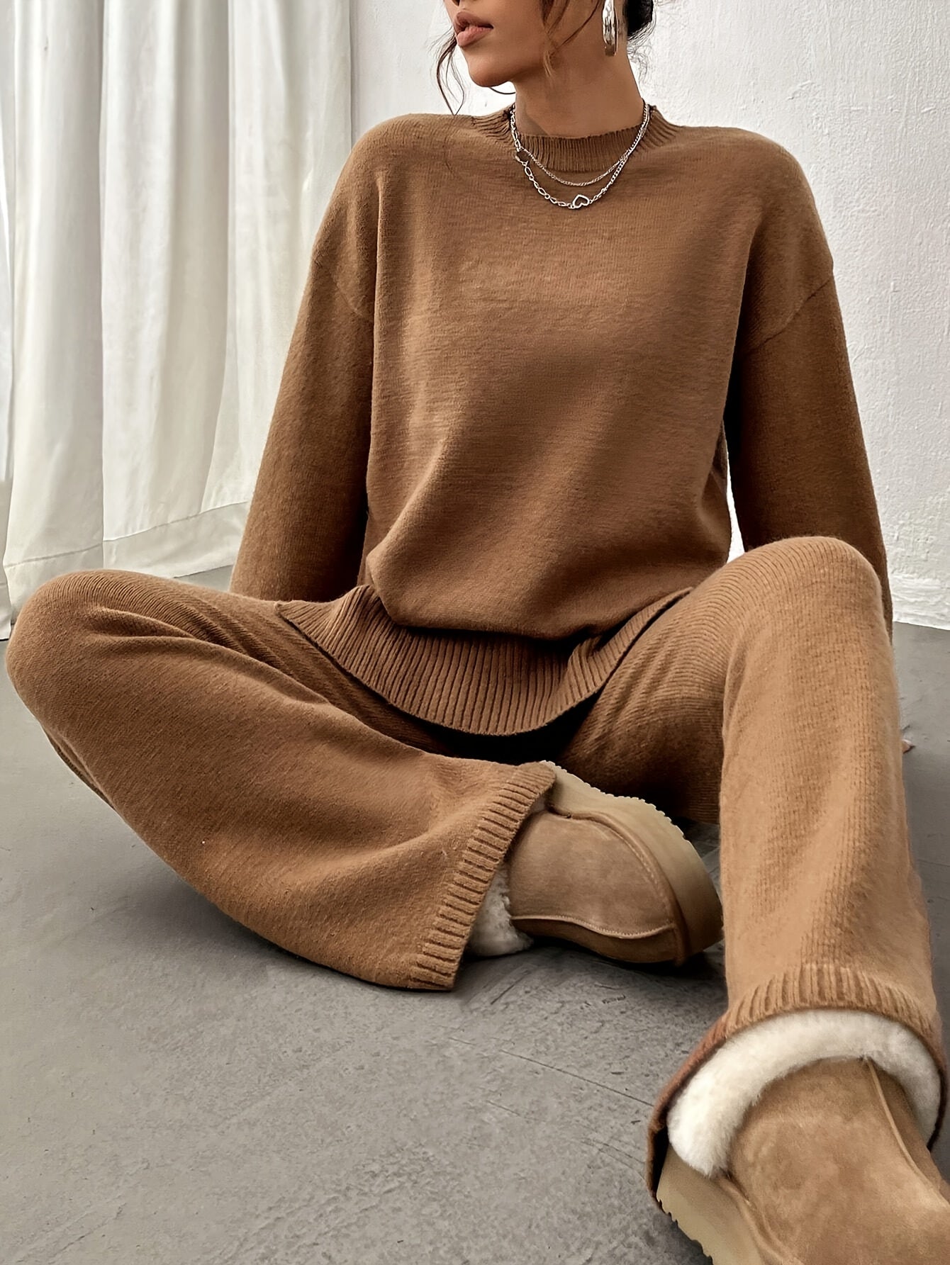 Solid Ribbed Casual Knitted Pantsuits, Crew Neck Drop Shoulder Long Sleeve Sweater & Straight Leg Pants Outfits, Women's Clothing