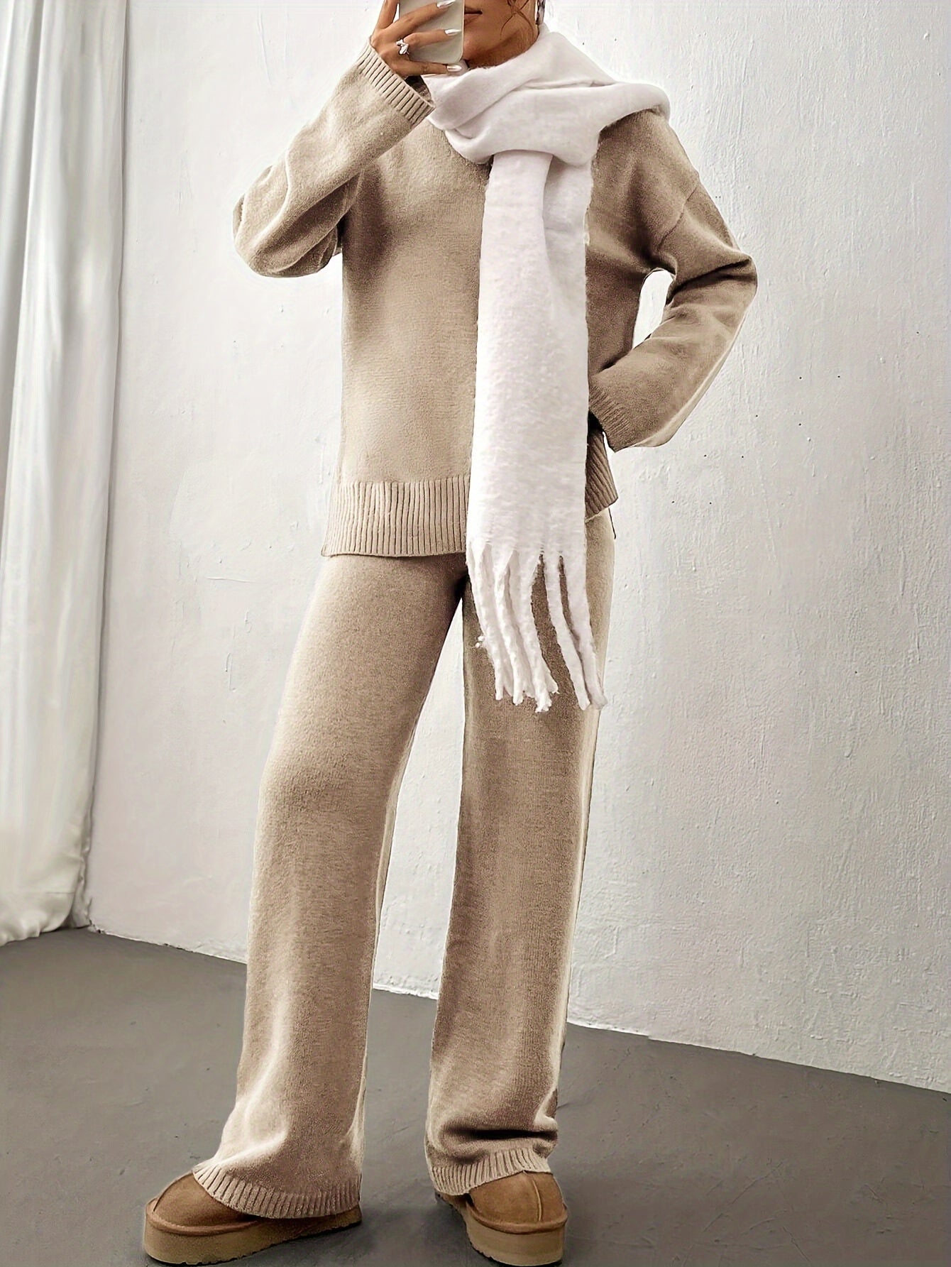 Solid Ribbed Casual Knitted Pantsuits, Crew Neck Drop Shoulder Long Sleeve Sweater & Straight Leg Pants Outfits, Women's Clothing