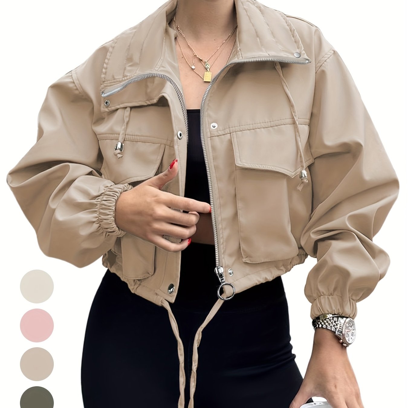 Women's Lightweight Cropped Jacket - Zip-Up Anorak Coat with Zippered Pockets, Structured Non-Stretch Fabric, Casual Outerwear for Everyday & Formal Events - Easy Care Machine Washable, Snap Button Closure, Spring Fashion, Ov