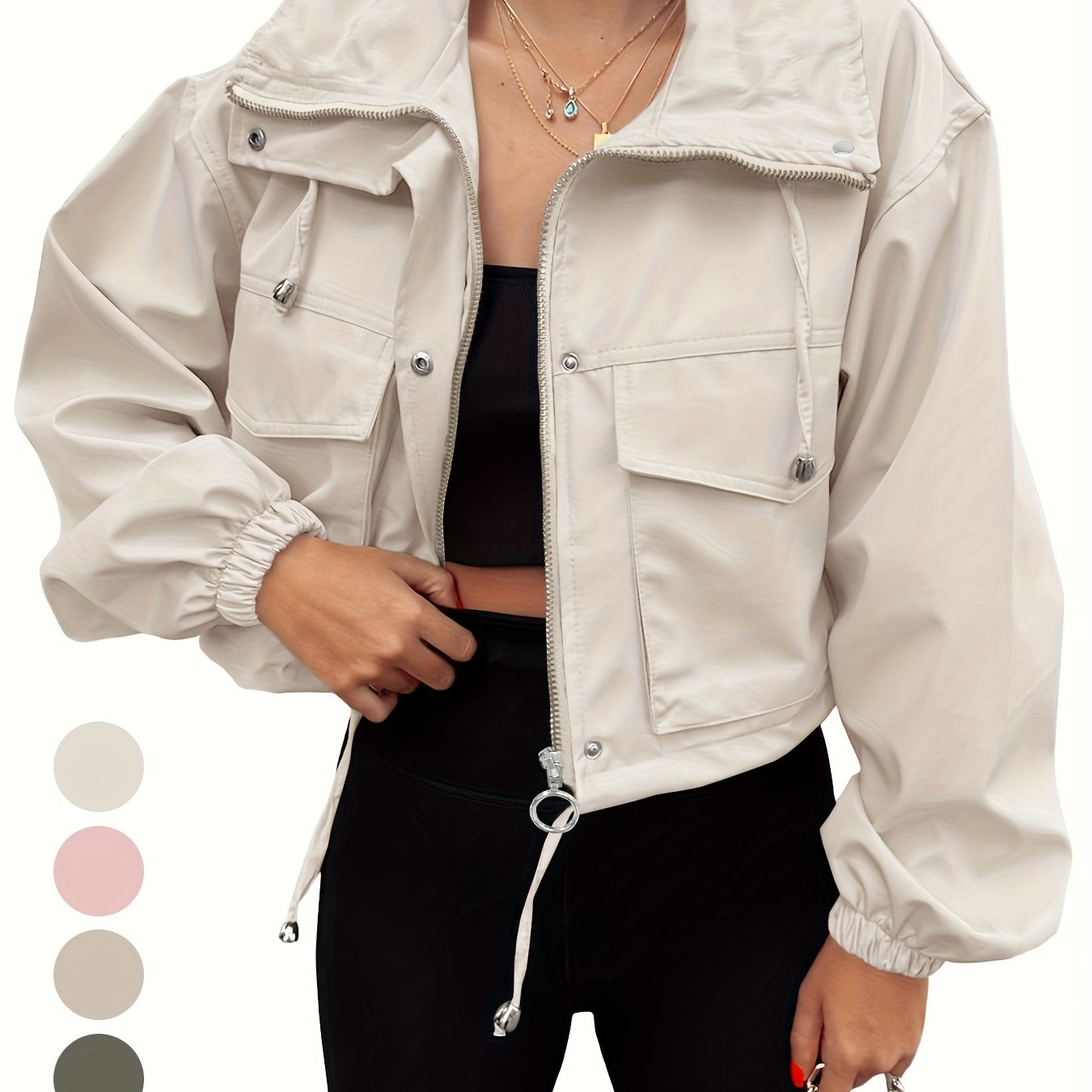 Women's Lightweight Cropped Jacket - Zip-Up Anorak Coat with Zippered Pockets, Structured Non-Stretch Fabric, Casual Outerwear for Everyday & Formal Events - Easy Care Machine Washable, Snap Button Closure, Spring Fashion, Ov